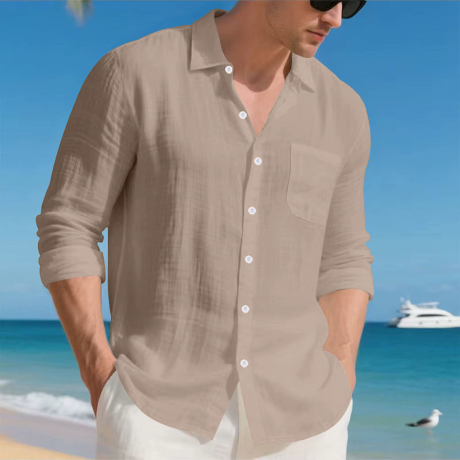Solid Color Long-Sleeved Collared Casual Single-breasted Men's Casual Linen Shirt - Image 6
