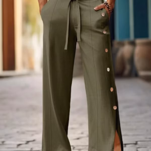 Breathable Straight Hemp Trousers Drawstring Elastic Waist Side Buckle