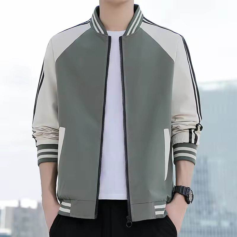 Striped Turn-Down Collar Zipper Baseball Collar Two-Bar Jacket