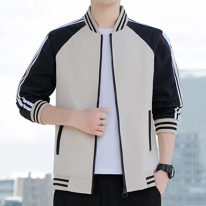 Striped Turn-Down Collar Zipper Baseball Collar Two-Bar Jacket - Image 2