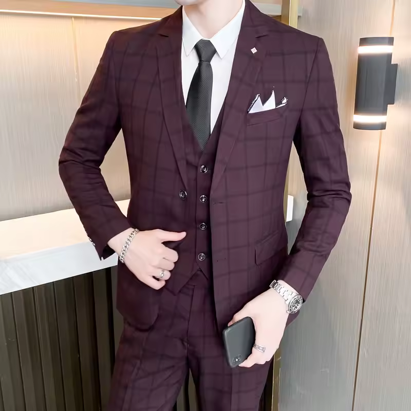 Trend Style Man Fashion Business British Grid Slim Wedding Work Suit