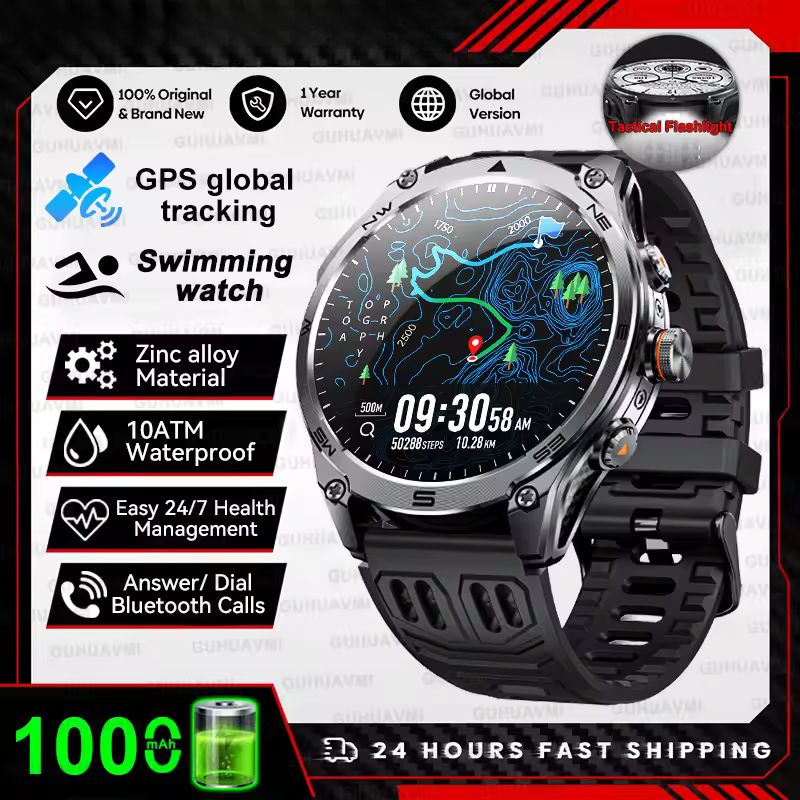 1000Mah Battery GPS Trace Compass 10ATM Waterproof Tactics Sport Flashlight BT call Smart Watch For Men - Image 2