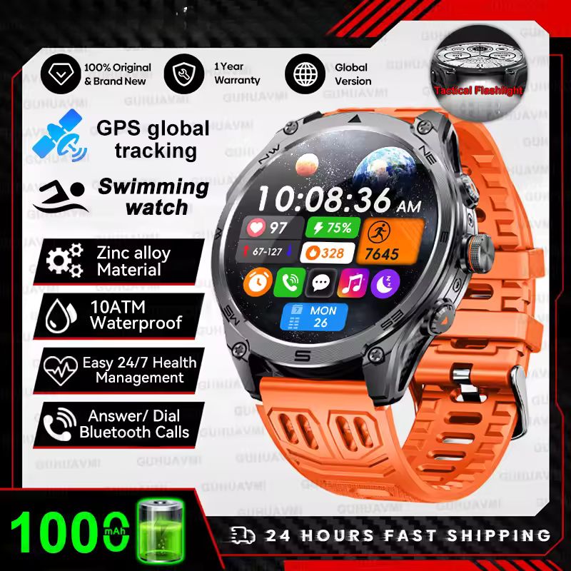 1000Mah Battery GPS Trace Compass 10ATM Waterproof Tactics Sport Flashlight BT call Smart Watch For Men
