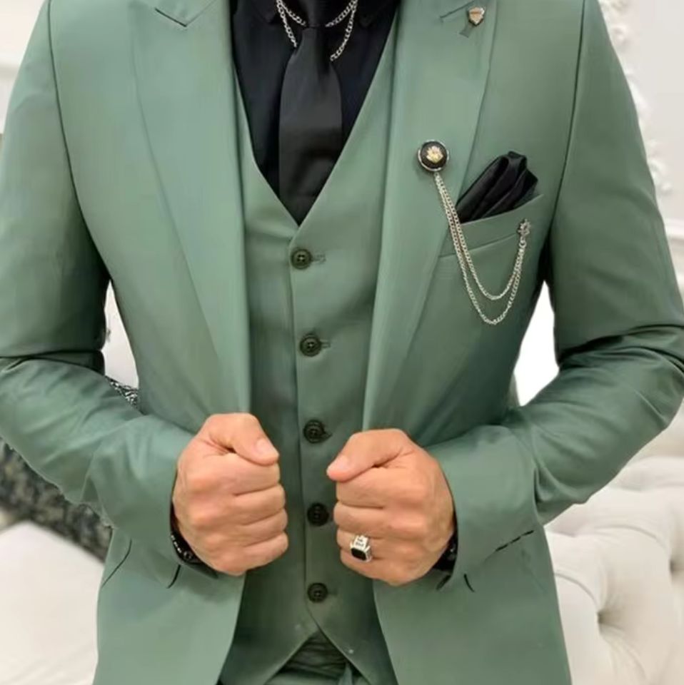Wedding Party Jacket Vest Pants Peak Lapel Slim Fit Groom Tuxedos Three Pieces Suit - Image 2
