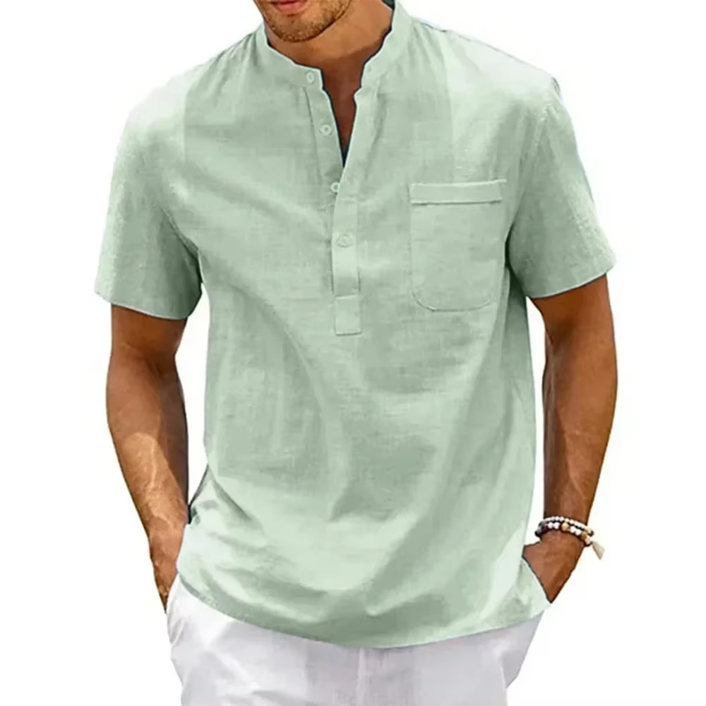 Vintage Henley Neck Pocket Casual Beach Short Sleeve Solid Color Streetwear Cotton Linen Shirt