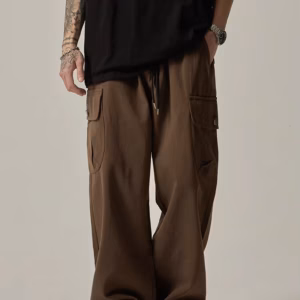 Vintage Wide Leg Straight Loose Button Big Pockets Cargo Pants Drawstring Trousers