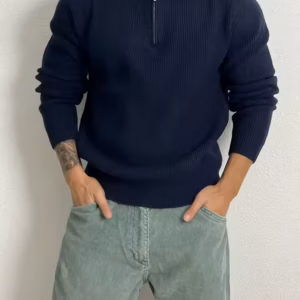 Zip High Collar Knitted Muscle Slim Elastic Long Pure Color Striped Sweater