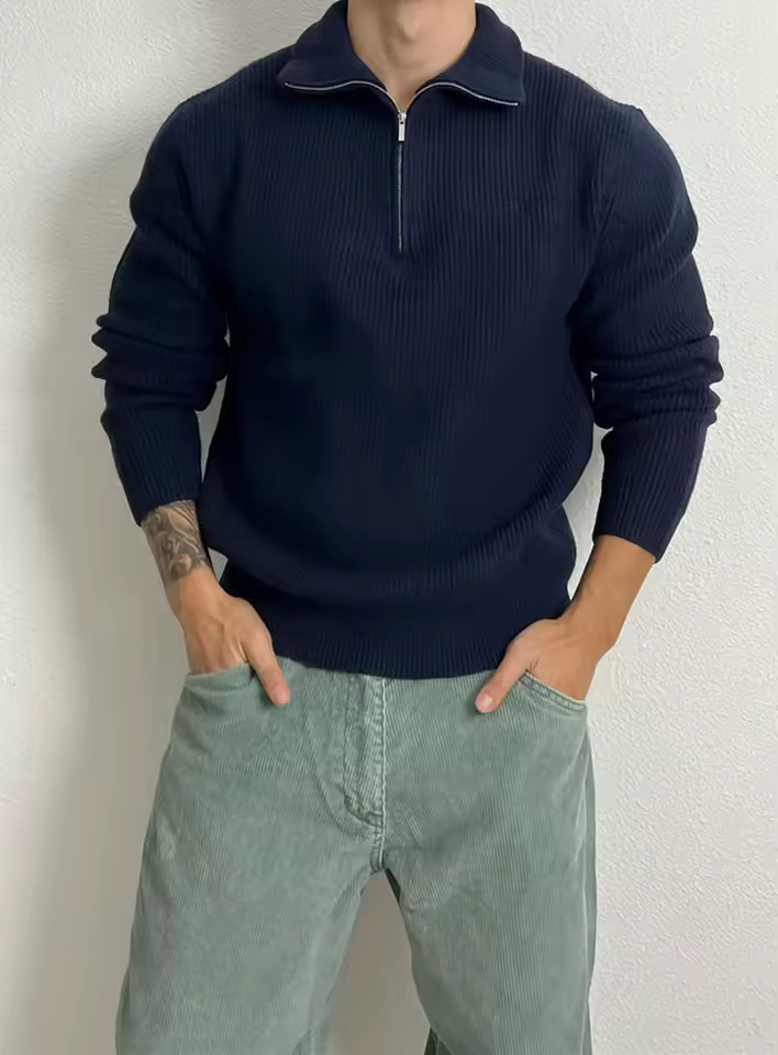 Zip High Collar Knitted Muscle Slim Elastic Long Pure Color Striped Sweater