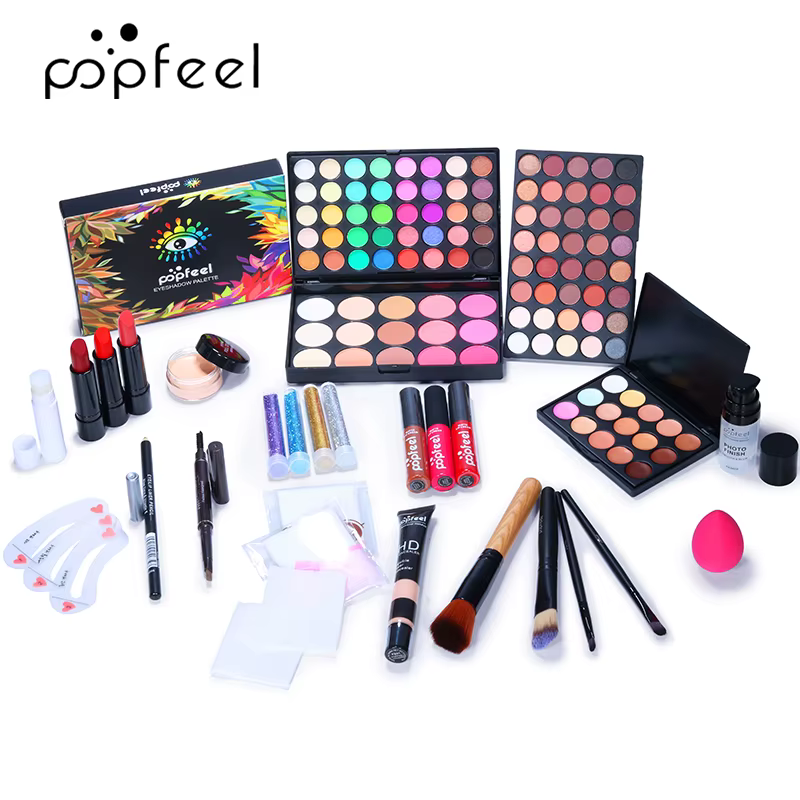 Powder Puff Cosmetics Eyebrow Pencil Brush Lip Gloss All in One Makeup Kits - Image 3