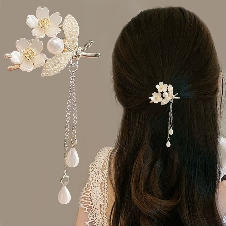 Elegant Floral Hair Clip With Pearls Tassels Flower Design to Any Hairstyle