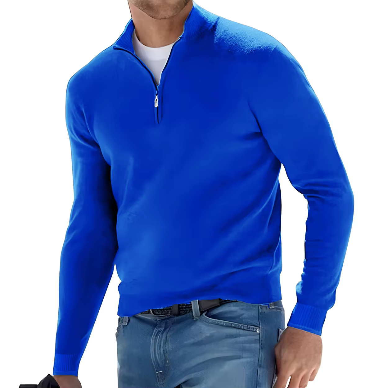 Men's Long Sleeve Pullover Solid Color Half Zipper V-neck Knitted Sweater