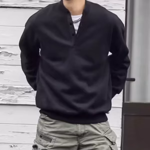 Men's Loose Fit Solid Color Crew Neck Henry Collar Retro Sweatshirt