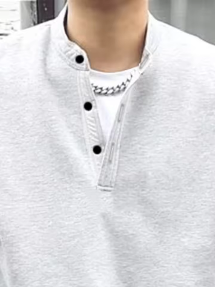 Men's Loose Fit Solid Color Crew Neck Henry Collar Retro Sweatshirt - Image 3