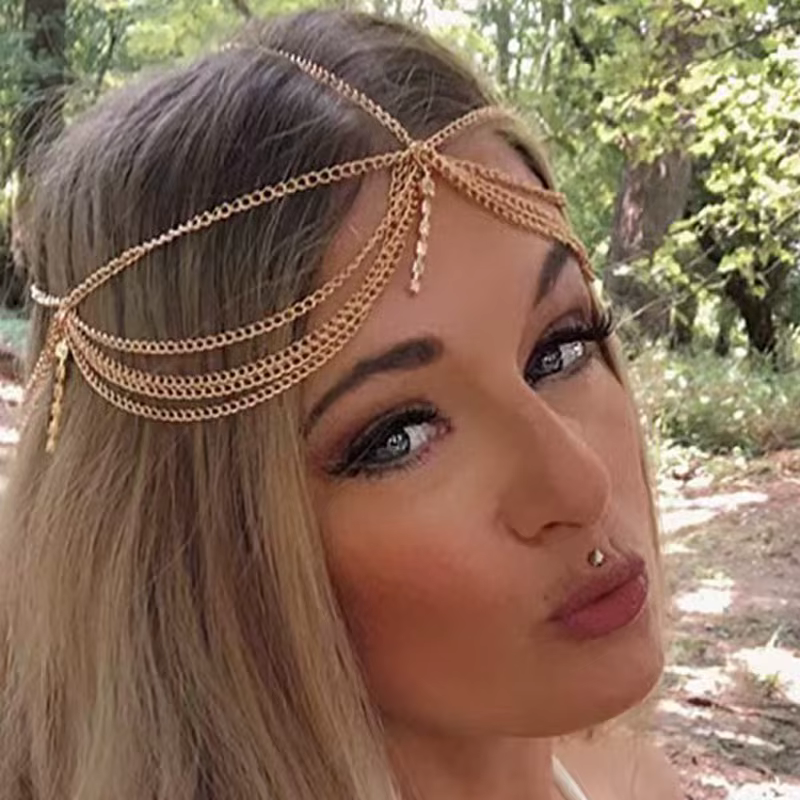 Shiny Crystal Forehead Headpiece Metal Multilayer Tassels Headband Hair Jewelry