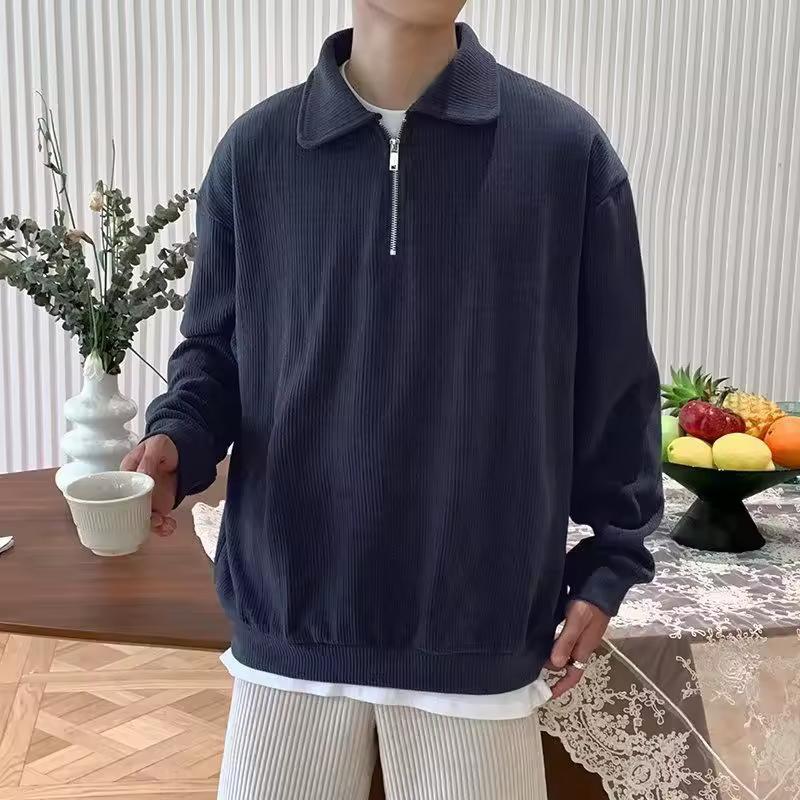 Vintage Lapel Zipper Knitwear Solid Color Pullover Men's Jumpers Sweater - Image 5