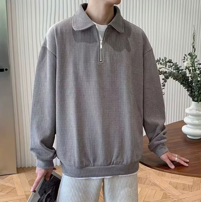 Vintage Lapel Zipper Knitwear Solid Color Pullover Men's Jumpers Sweater - Image 8