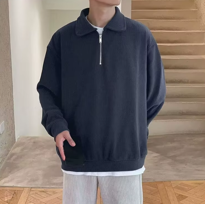 Vintage Lapel Zipper Knitwear Solid Color Pullover Men's Jumpers Sweater - Image 4