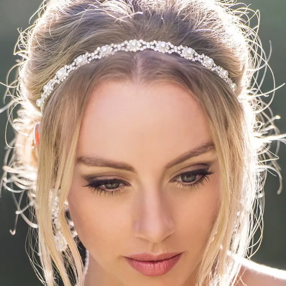 Wedding Bridal Hair Chain Pearl Crystal Elastic Rhinestone Head Chain Headband
