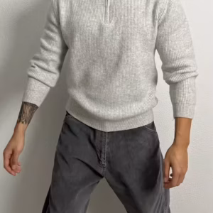 Zip High Collar Knitted Muscle Men Slim Elastic Pure Color Striped Sweater